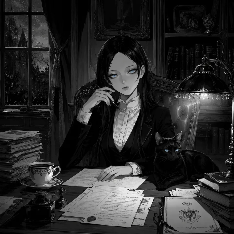 A woman with blue eyes writes at a desk with a black cat beside her in a gothic study
