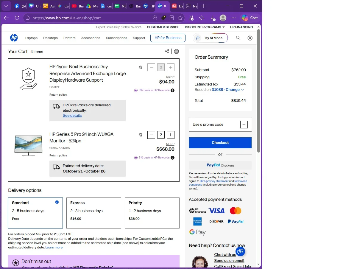 HP online shopping cart with two items total price and delivery payment options displayed