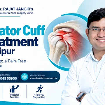 Doctor promoting rotator cuff treatment with shoulder anatomy graphic
