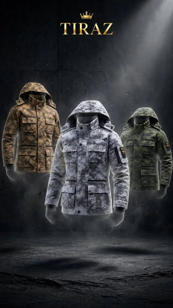 Three floating camouflage hooded jackets in mist with spotlight and brand logo