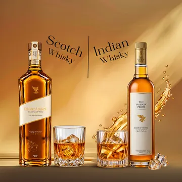 Two whisky bottles labeled scotch and indian whisky with glasses and ice on a golden background