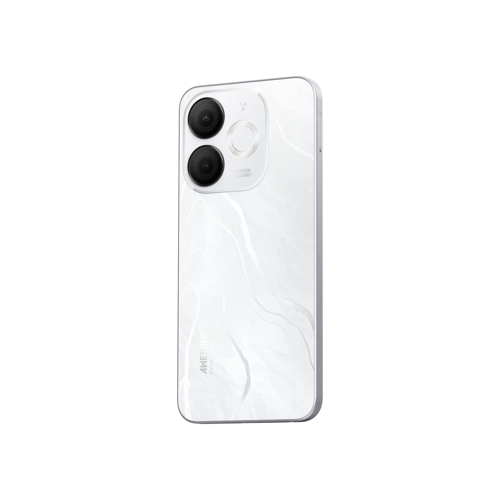 White marble-textured smartphone with dual cameras and silver trim