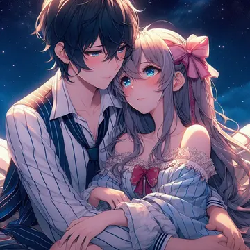 Anime couple embracing under starry night sky with soft glowing light