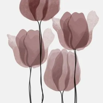 Four mauve tulips with black stems on a light background