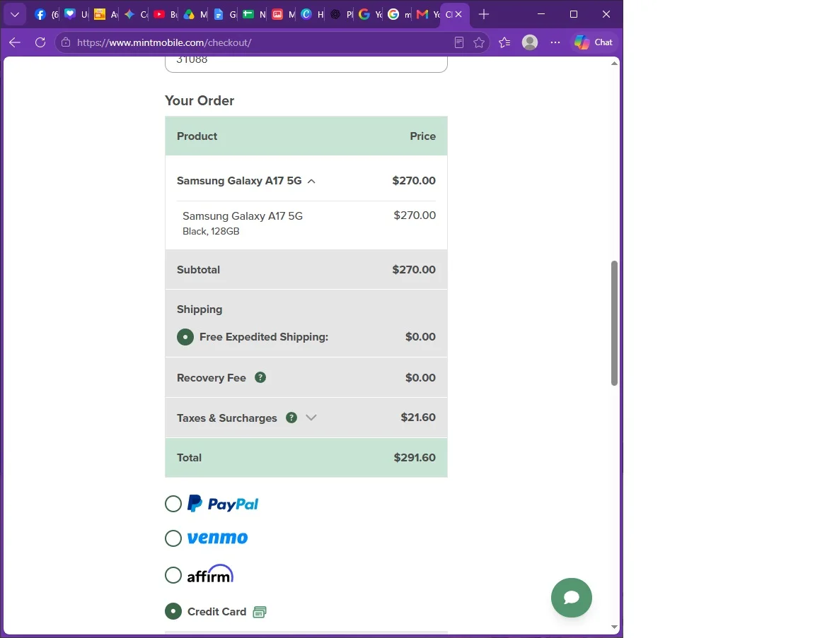 Online checkout screen for two Samsung Galaxy A17 5G phones with credit card payment selected