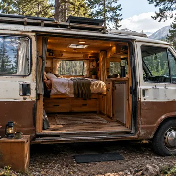 A weathered brown and white camper van parked in a pine forest with its side door open revealing a cozy wooden interior with a bed and kitchenette