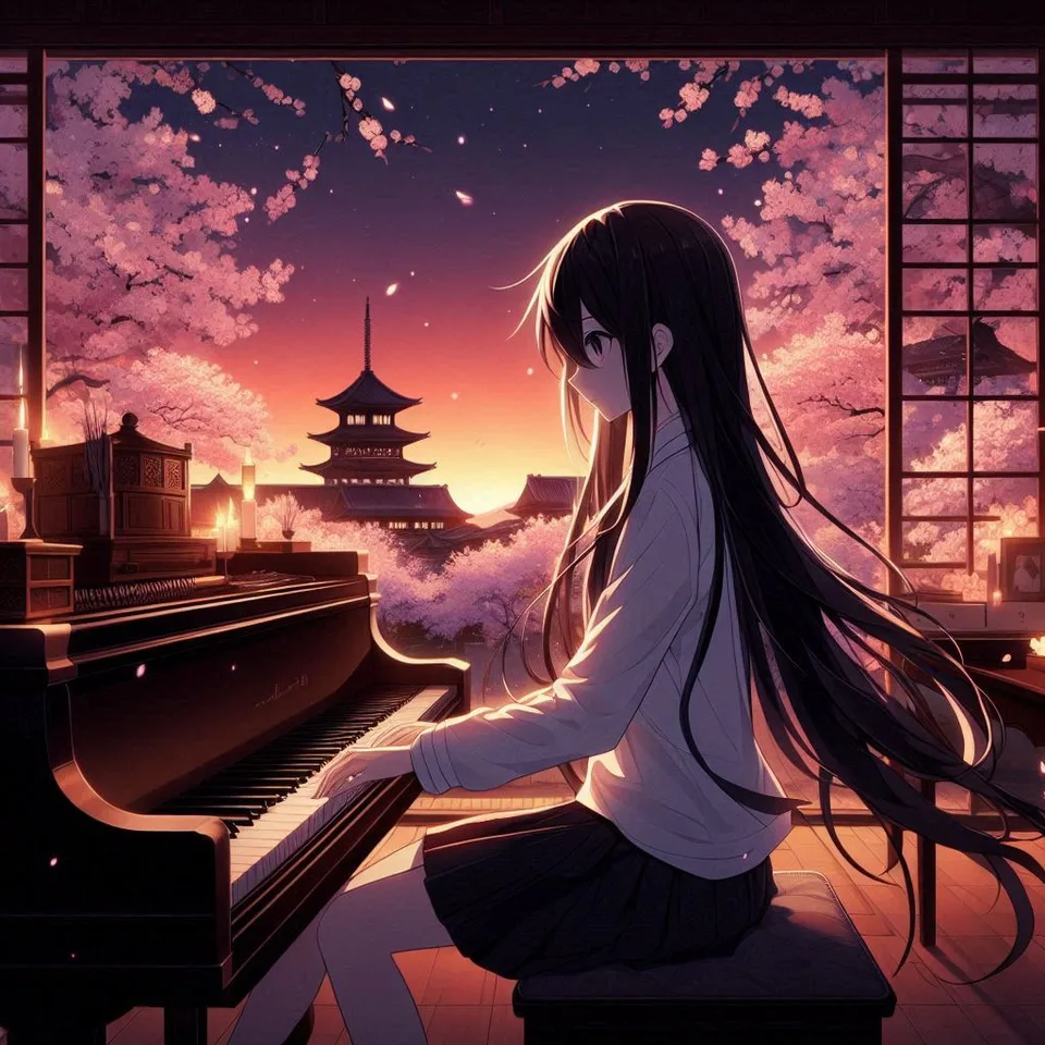 Girl playing piano indoors with cherry blossoms and pagoda visible through window at sunset