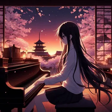 Girl playing piano indoors with cherry blossoms and pagoda visible through window at sunset