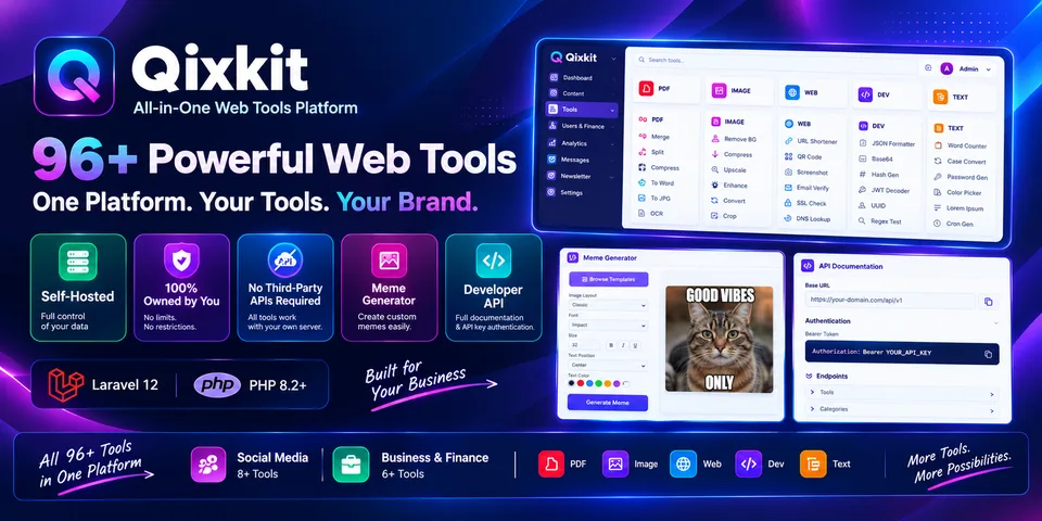 Qixkit web tools platform advertisement featuring a cat meme generator and neon interface
