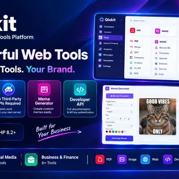 Qixkit web tools platform advertisement featuring a cat meme generator and neon interface