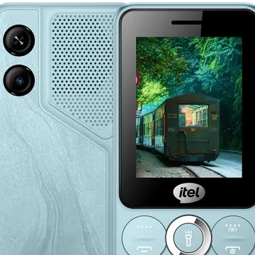 Light blue itel phone showing a train in a forest tunnel on its screen