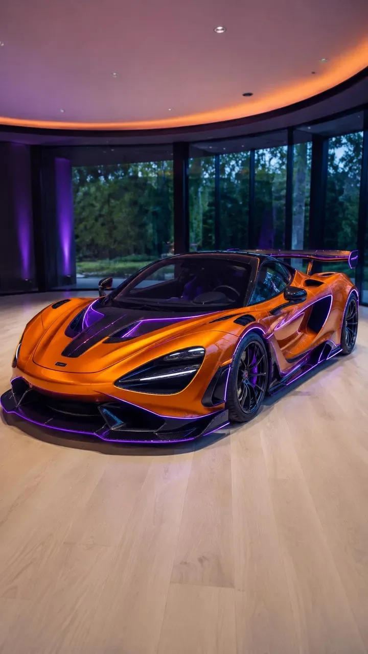 A bright orange McLaren Senna sports car with purple underglow lighting is displayed indoors on a light wood floor, viewed from a low angle