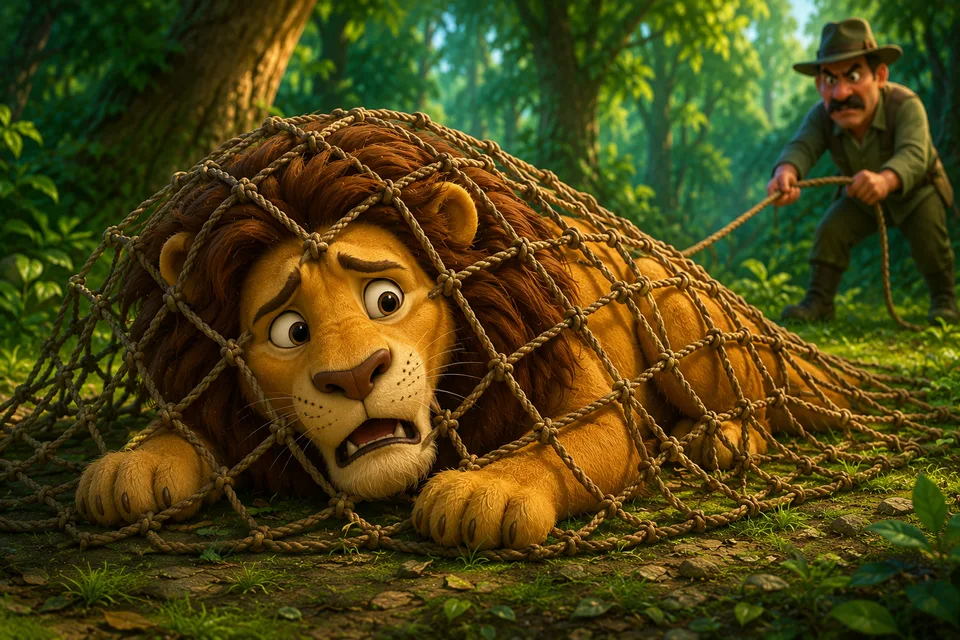 Cartoon lion trapped in rope net by man in forest