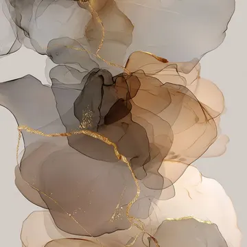 Abstract art with flowing brown beige shapes and gold lines on gray background