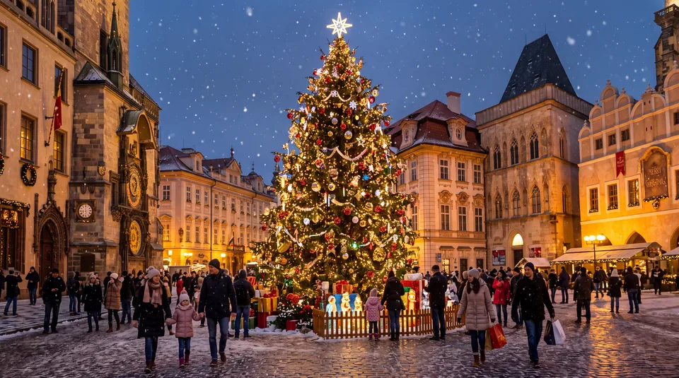 A glowing Christmas tree in the center of town