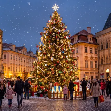 A glowing Christmas tree in the center of town