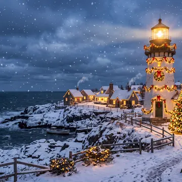 A snow-covered lighthouse and coastal village decorated with Christmas lights and a tree under a starry night sky