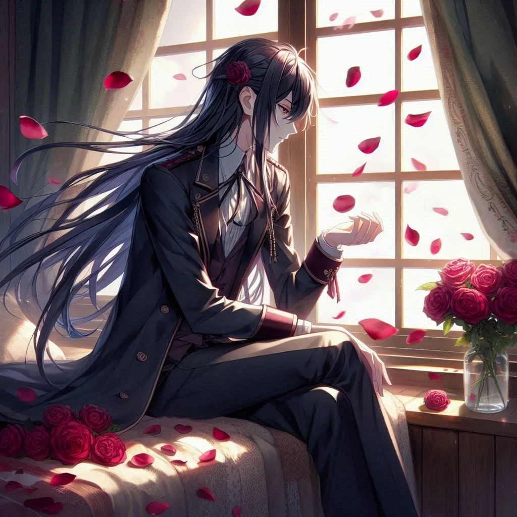 A dark-haired anime man in a formal coat sits by a window with red roses and falling petals