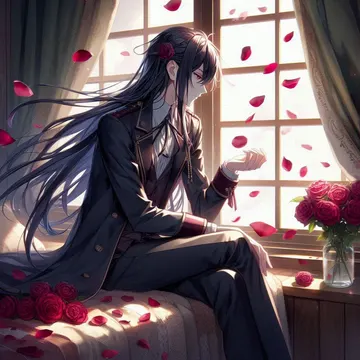 A dark-haired anime man in a formal coat sits by a window with red roses and falling petals
