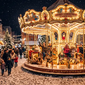 A festive, illuminated carousel with people riding it at a snowy Christmas market at night