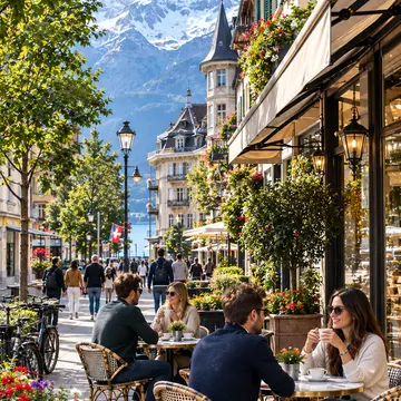 Couples and individuals sip coffee at sidewalk tables in a scenic alpine town with snow-capped peaks behind