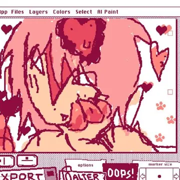 A pixelated couple embracing with hearts and paw prints in a digital art program