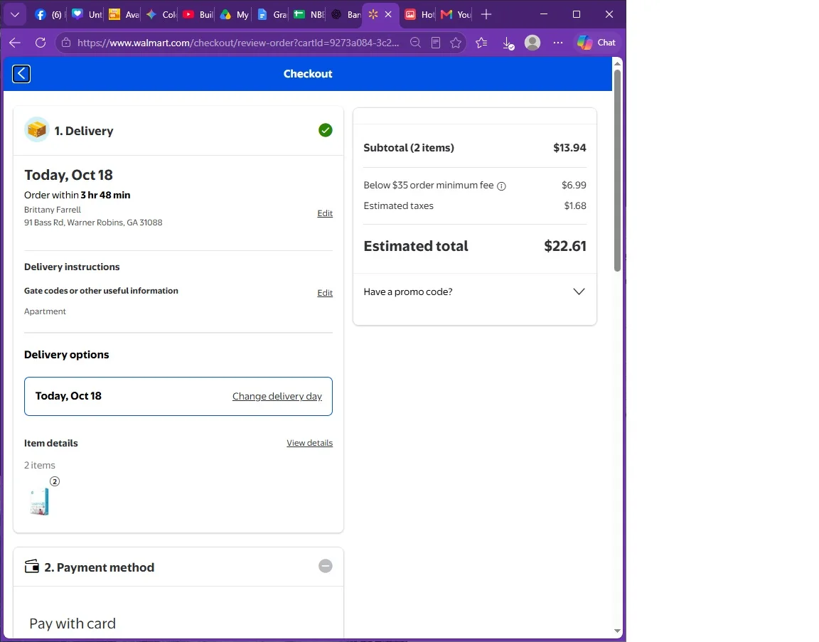Walmart checkout screen showing delivery details and estimated total of $22.61