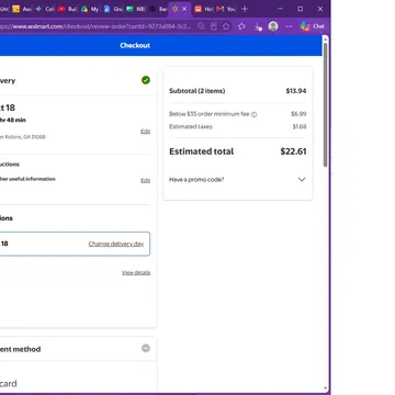 Walmart checkout screen showing delivery details and estimated total of $22.61