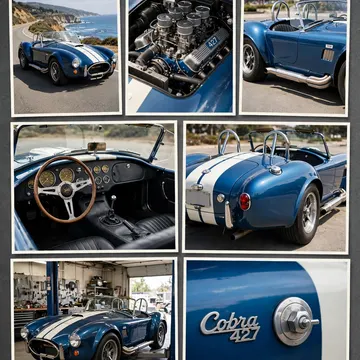 Blue and white classic Shelby Cobra 427 car in various views including engine, interior, and garage