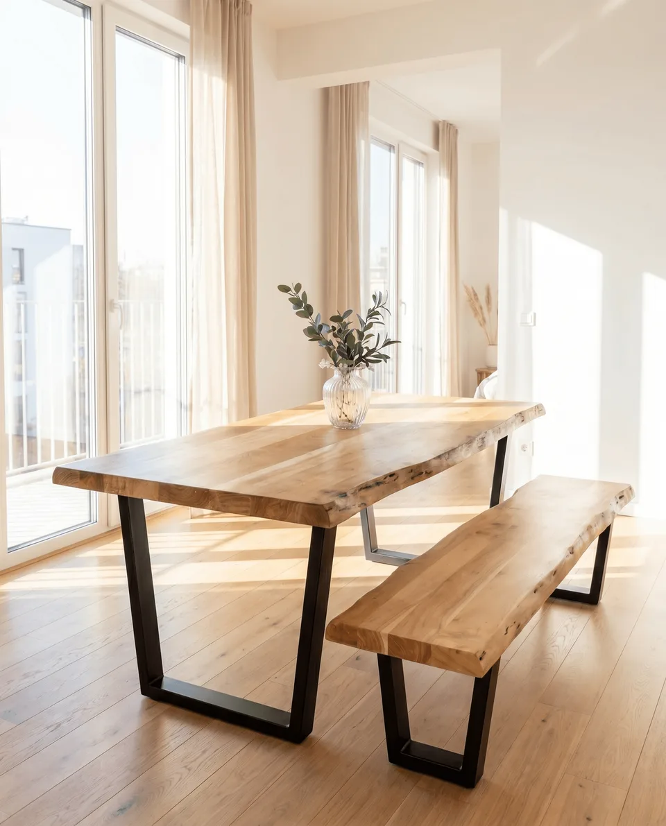 A wooden dining table and bench with black metal legs in a bright modern room with large windows