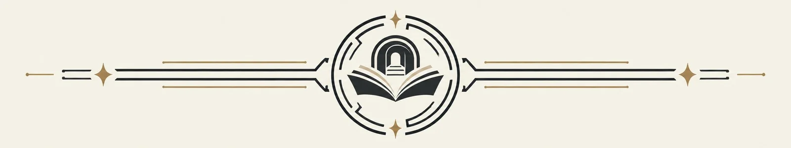 Decorative horizontal divider with central book and arch emblem framed by lines and stars
