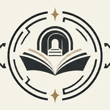 Decorative horizontal divider with central book and arch emblem framed by lines and stars