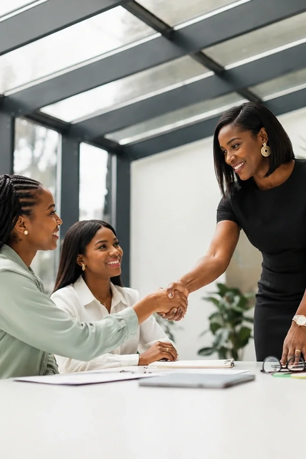 Three women shaking hands at a modern office desk with glass ceiling above