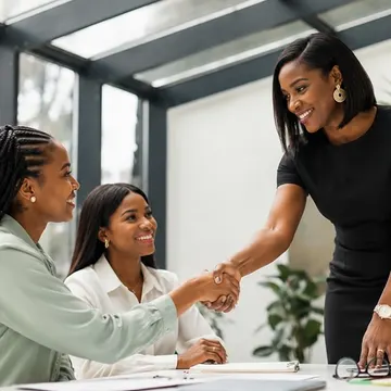Three women shaking hands at a modern office desk with glass ceiling above