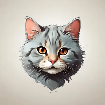 A stylized digital illustration of a gray cat's face with orange eyes and pink inner ears, set against a plain beige background