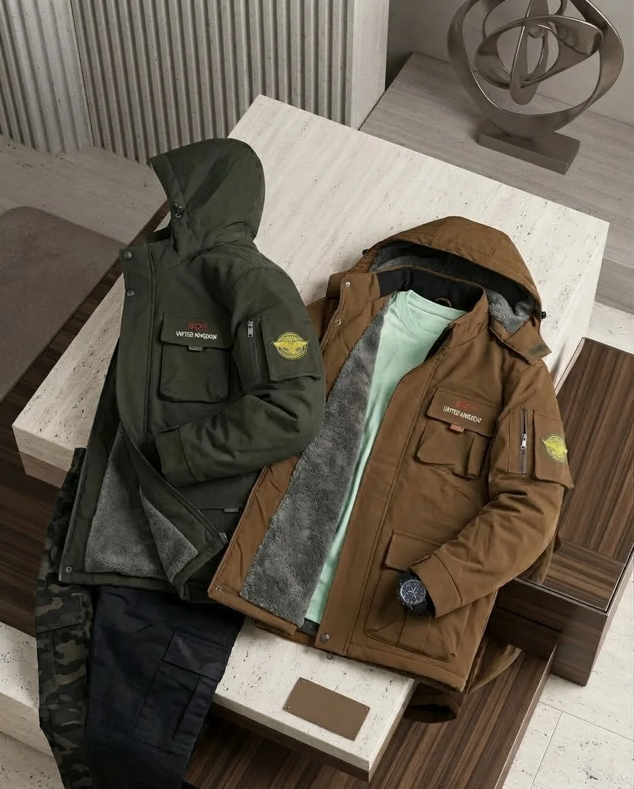 Two winter jackets with fleece lining displayed on a marble and wood bench