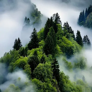 Misty mountain valley with lush green forests and swirling clouds