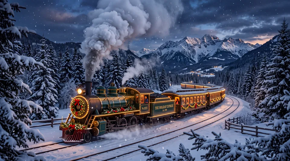 A festive steam train decorated with lights and wreaths travels through a snowy mountain landscape under a starry night sky