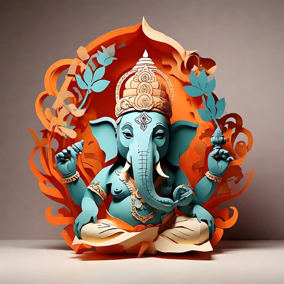 A stylized, turquoise-colored paper-cutout sculpture of the Hindu deity Ganesha, seated and holding symbolic objects, framed by an orange decorative h
