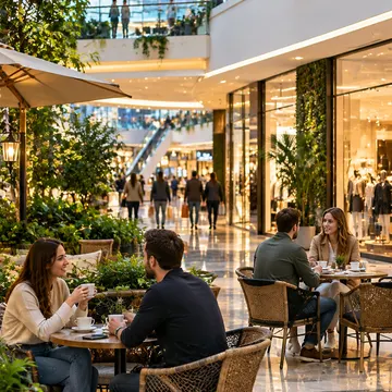 People sitting at tables with coffee in a modern shopping mall with glass roof and greenery