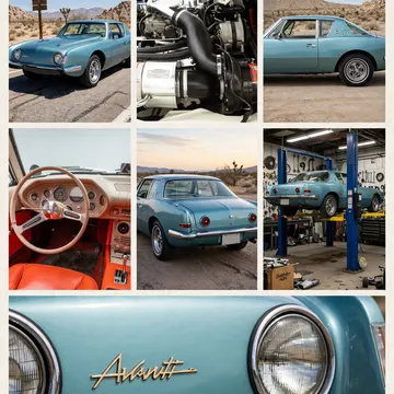 Turquoise 1963 Studebaker Avanti in various views including engine, interior and garage