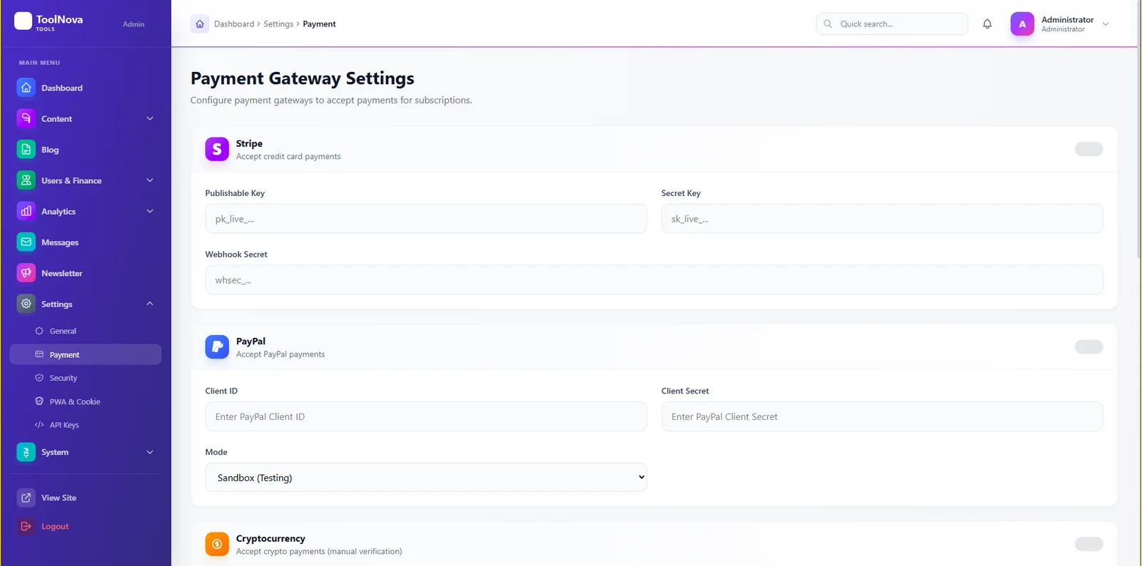 A screenshot of a web application's payment gateway settings page showing Stripe, PayPal, and Cryptocurrency options with input fields and toggle swit