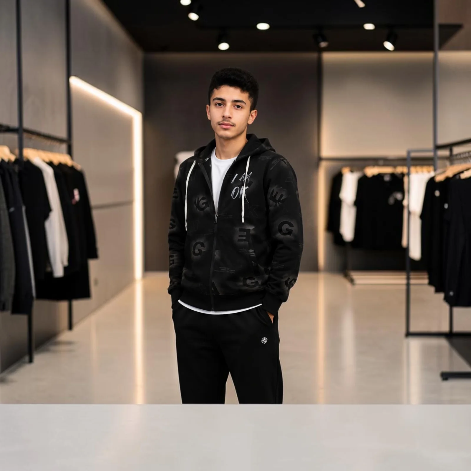 Young man wearing black hoodie and pants in a modern clothing store
