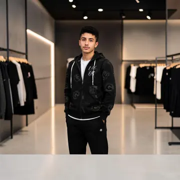Young man wearing black hoodie and pants in a modern clothing store