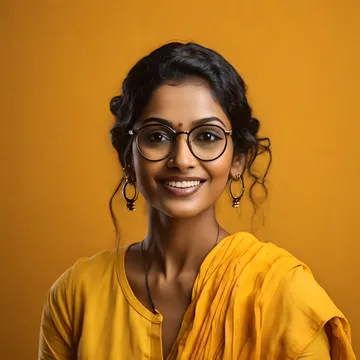 A smiling woman with dark hair, wearing glasses and a yellow top, against a solid orange background