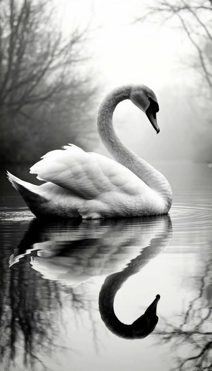 A swan floats on calm water with its reflection mirrored below bare trees in the background
