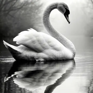A swan floats on calm water with its reflection mirrored below bare trees in the background