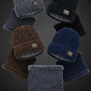 Six floating winter beanies and scarves in dark blue brown and black with fleece lining