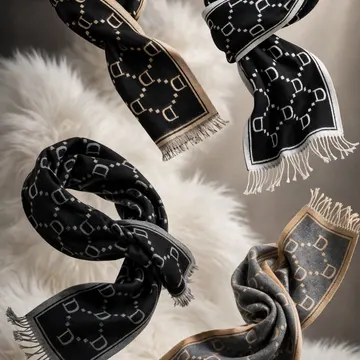 Four patterned scarves with fringe are displayed on a white furry surface