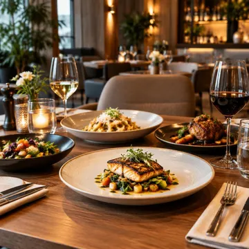 Four plated gourmet dishes wine glasses and candles on a wooden restaurant table